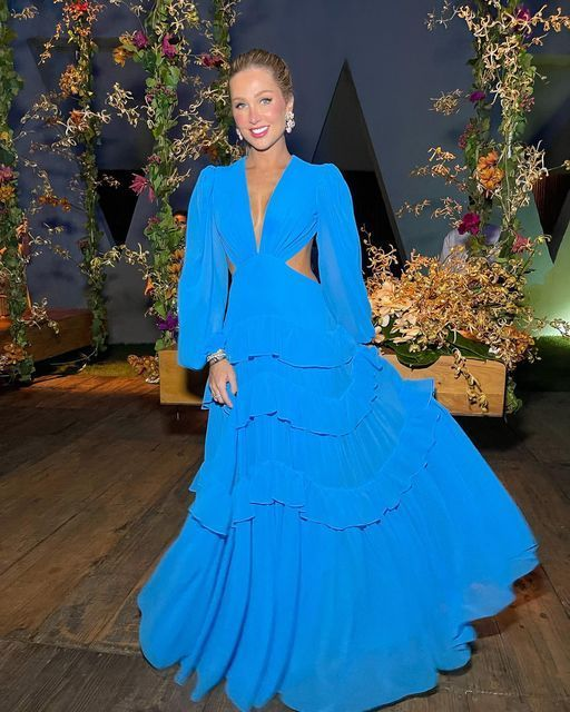 Vestido de noche largo azul de manga larga Y4831