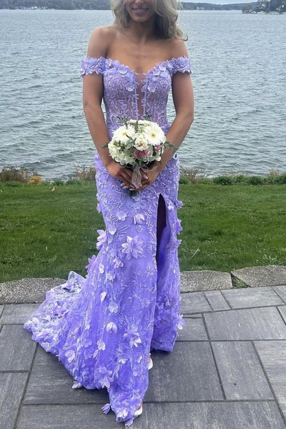 Wunderschönes schulterfreies V-Ausschnitt-Spitzenapplikationen-Meerjungfrauen-Ballkleid mit Schlitz, Geburtstags-Abendkleid Y7934