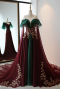 Vestido de noche largo vintage de satén y tul burdeos Y7794