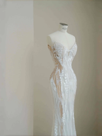 Vestido de novia de sirena con encaje de tul blanco sin tirantes, encantador, vestido largo de noche para graduación Y8678