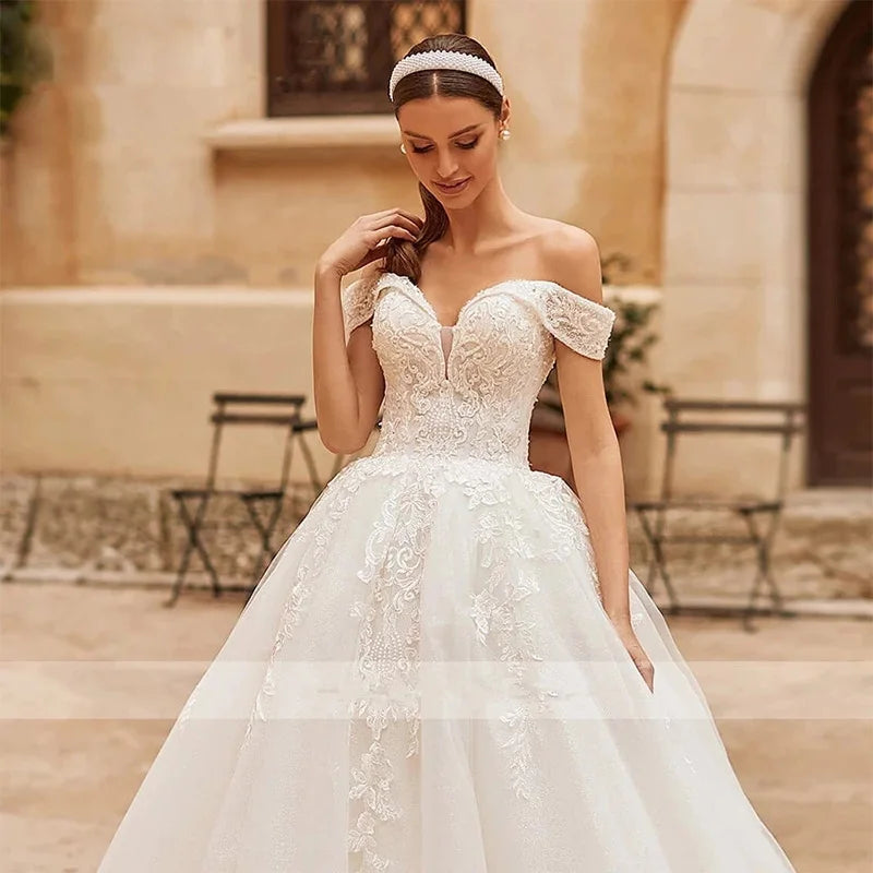HERBURNL Princess Custom Made Gorgeous Wedding Dresses Sexy Off The Shoulder Lace Appliques Elegant Bridal Robe De Mariée-payinti