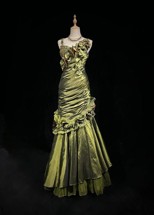 Vintage Dark Green Irregular Neckline Satin Beaded Evening Dress Ruched Mermaid Prom Dress Y8560