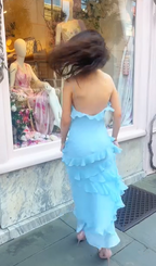 Elegant Spaghetti Straps Blue Ruffle Chiffon Prom Dress Backless Evening Dress Y8267