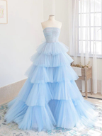 Vestido largo de fiesta de tul azul de invierno, vestido de noche de tul azul en capas Y393