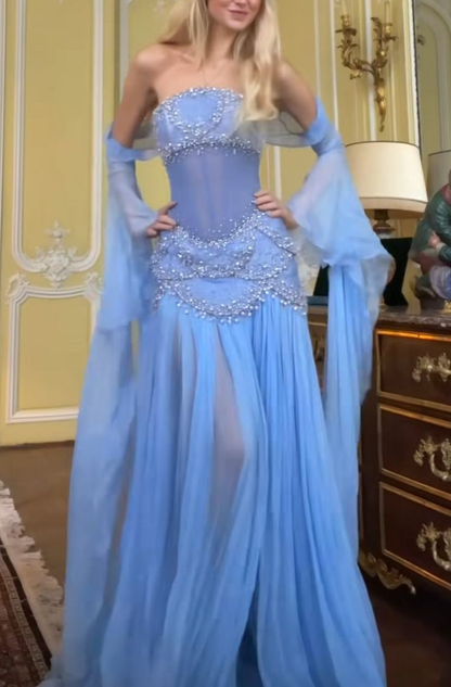 Wunderschönes A-Linien-Abendkleid aus Chiffon in Hellblau mit schulterfreiem Abschlussballkleid Y8045