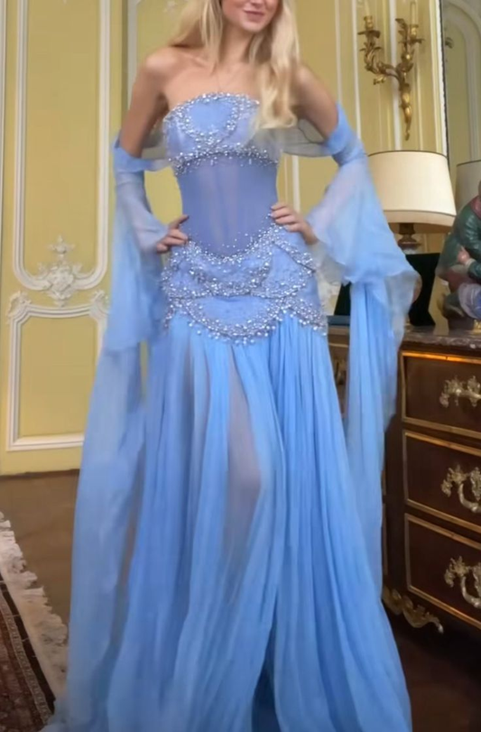 Wunderschönes A-Linien-Abendkleid aus Chiffon in Hellblau mit schulterfreiem Abschlussballkleid Y8045