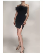 Vestido de fiesta de cóctel ajustado con plumas y hombros descubiertos para mujer, vestido negro corto de bienvenida Y1356