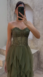Hermoso vestido de noche largo de tul verde con cuentas y corte A, sin tirantes, vestido de fiesta Y8197