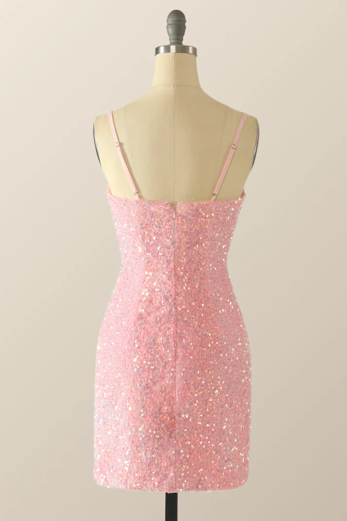 Vestido de fiesta rosa con lentejuelas y espalda descubierta Y2041
