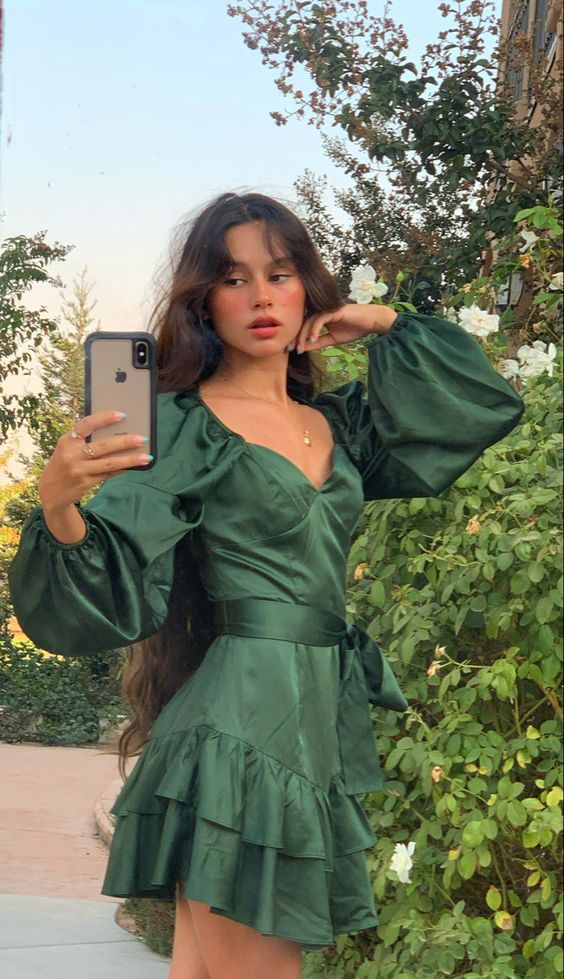 Vestido verde de fiesta de manga larga con corte en A, vestido informal verde Y4070