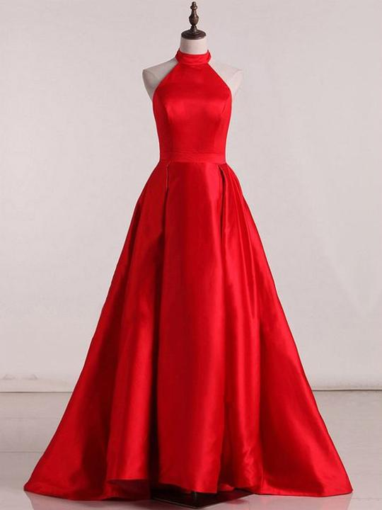 Vestidos de fiesta sin mangas con cuello halter y espalda descubierta, vestidos de noche de satén de corte A Y941