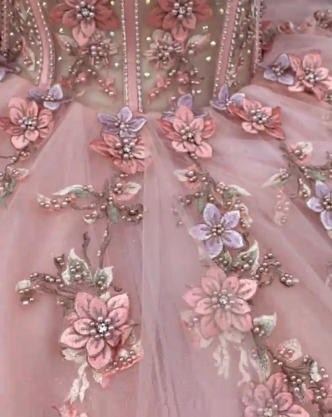 Vestido de fiesta de quinceañera con apliques florales de tul rosa Y527