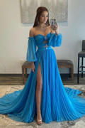 Blaues Chiffon-A-Linien-Abendkleid mit schulterfreiem Schnitt, blaues Abendkleid mit Puffärmeln und Schlitz, Y4890