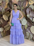 Lavendel A-Linie V-Ausschnitt Abendkleid Hochzeitsgastkleid Y5283