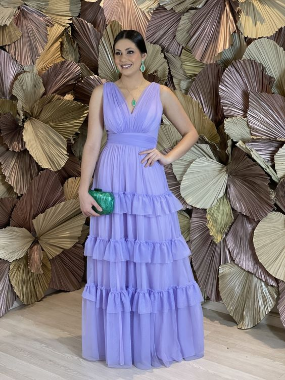 Lavendel A-Linie V-Ausschnitt Abendkleid Hochzeitsgastkleid Y5283