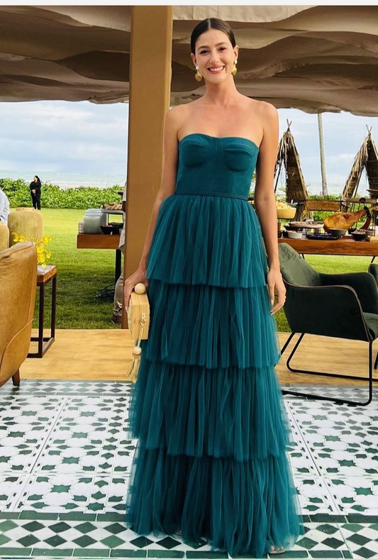 Trägerloses, gestuftes Tüll-Ballkleid, elegantes Tüll-Abendkleid, Y2524