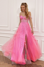 Vestido de fiesta azul marino de corte A con tul y encaje Y382