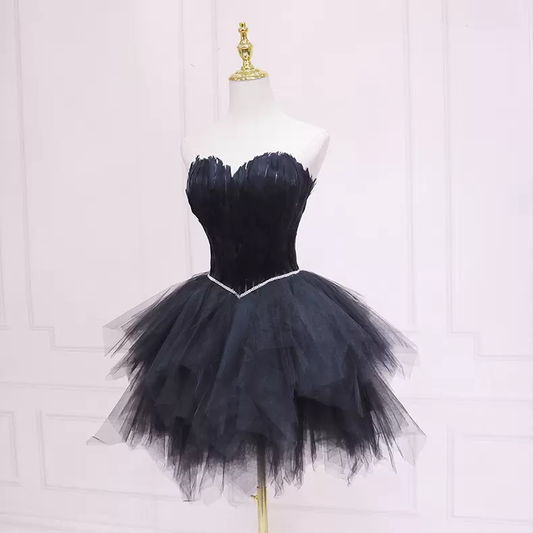 Schwarzes Tüll-Kurzes Homecoming-Kleid Trägerloses Homecoming-Kleid s38