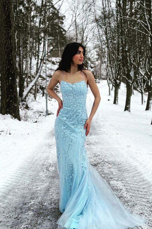 Blaues Meerjungfrau-Abendkleid mit Spaghettiträgern und überkreuztem Rücken