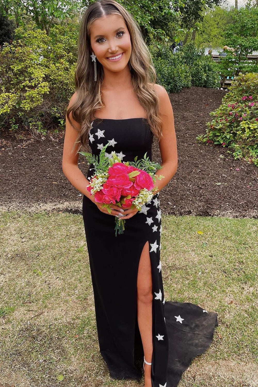Sheath Strapless Satin Prom Dress with Slit