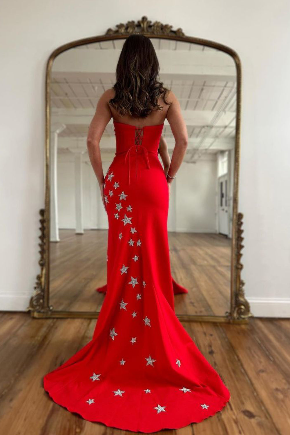 Sheath Strapless Satin Prom Dress with Slit