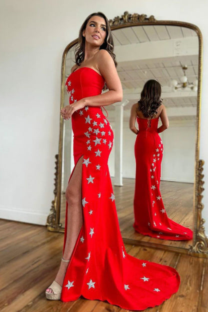 Sheath Strapless Satin Prom Dress with Slit