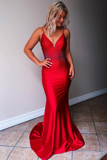 Deborah | Meerjungfrau-Ballkleid aus Satin mit Spaghettiträgern und Perlen