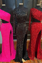 One Shoulder Red Sequins Long Prom Dress with Silt