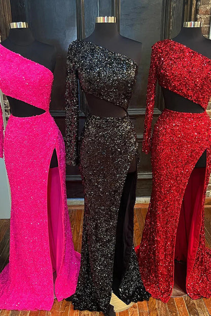 Vestido de fiesta largo con lentejuelas rojas y un hombro descubierto
