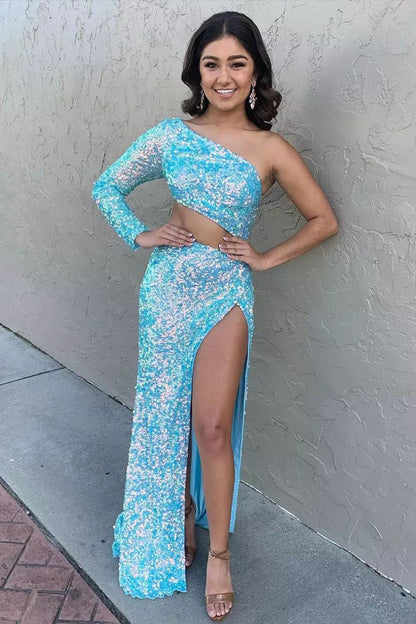 Vestido de fiesta largo con lentejuelas rojas y un hombro descubierto