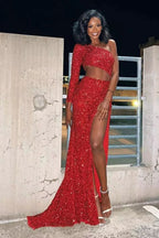 One Shoulder Red Sequins Long Prom Dress with Silt