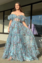 Sydney | Vestido de fiesta de tul floral con hombros descubiertos y corte en A