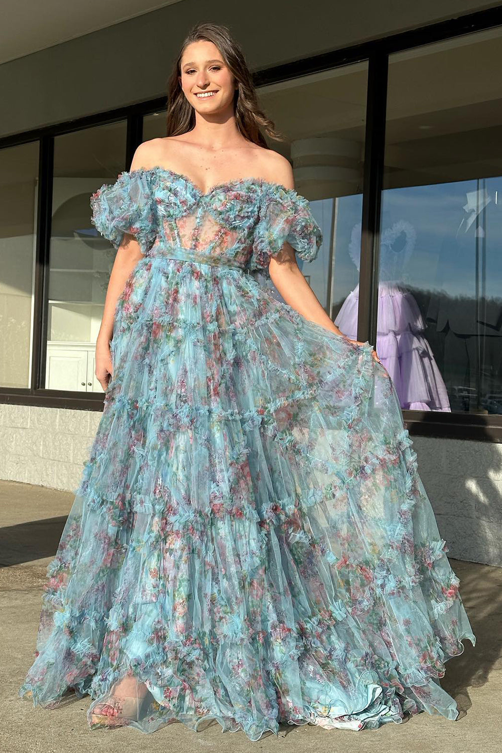 Sydney | Vestido de fiesta largo de tul con escote en forma de corazón y estampado