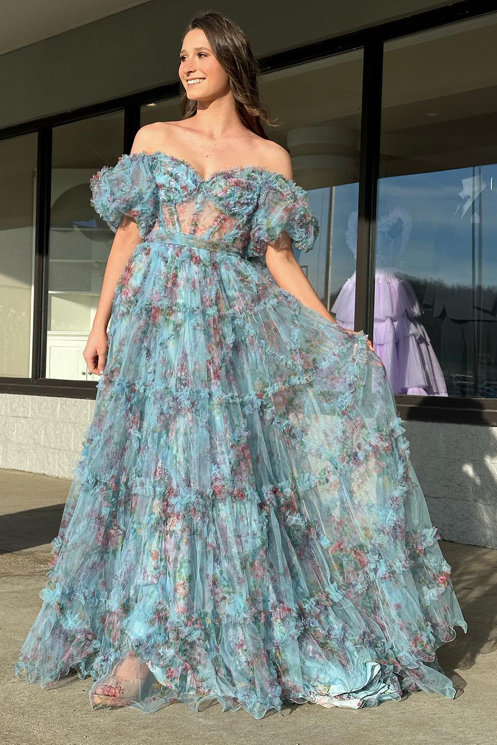 Sydney | Vestido de fiesta largo de tul con escote en forma de corazón y estampado