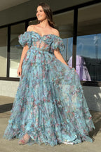 Sydney | Vestido de fiesta largo de tul con escote en forma de corazón y estampado