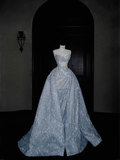 Glitzerndes trägerloses blaues Tüll-Pailletten-A-Linien-Ballkleid, formelles Hochzeitskleid Y8676
