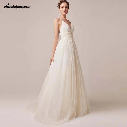 Sexy Spaghettiträger Tüll Brautkleid Vestido De Novia Ärmellos V-Ausschnitt Rückenfrei Brautkleider Robe De Mariage 