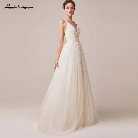 Sexy Spaghettiträger Tüll Brautkleid Vestido De Novia Ärmellos V-Ausschnitt Rückenfrei Brautkleider Robe De Mariage 