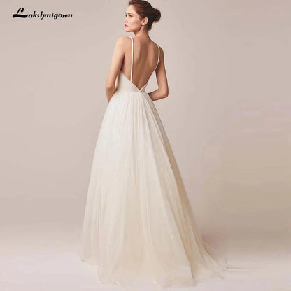 Sexy Spaghettiträger Tüll Brautkleid Vestido De Novia Ärmellos V-Ausschnitt Rückenfrei Brautkleider Robe De Mariage 