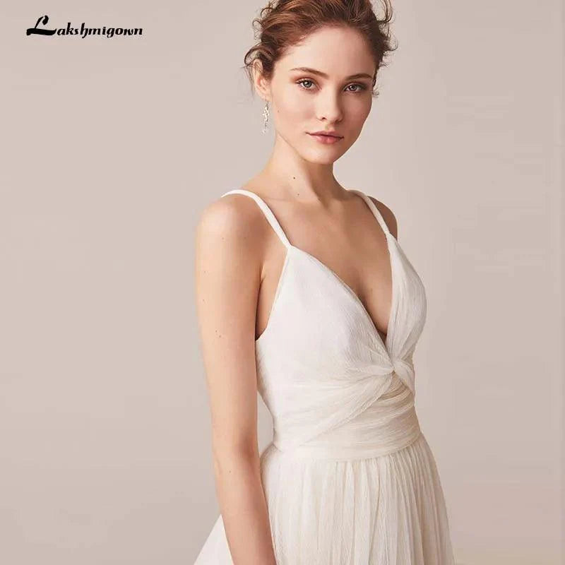 Sexy Spaghettiträger Tüll Brautkleid Vestido De Novia Ärmellos V-Ausschnitt Rückenfrei Brautkleider Robe De Mariage 