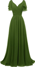 Ruffle Sleeves Bridesmaid Dress V-Neck Chiffon Long Formal Wedding Evening Dress Y1315