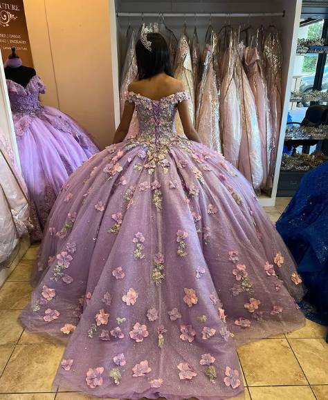 Vestido de princesa con apliques de lavanda, hombros descubiertos, brillante, elegante, de tul, con flores 3D, para fiesta de quince años, Y285