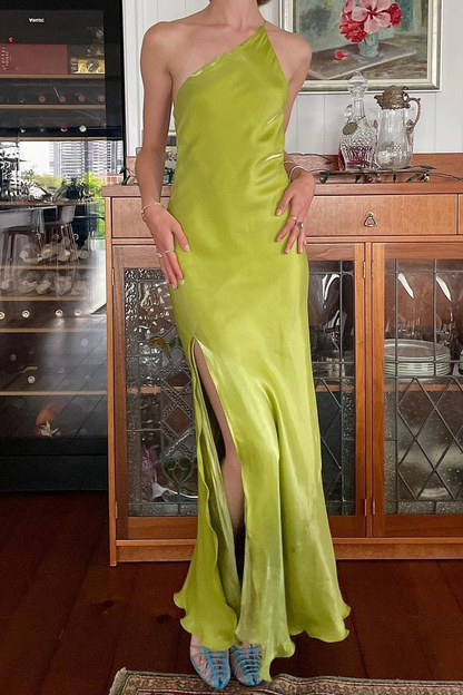 Elegantes grünes Etuikleid mit einer Schulter, lang, Party-Ballkleid mit Schlitz, rückenfreies Abendkleid Y8550