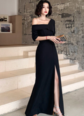 Schwarzes langes Abendkleid mit einer Schulter und Schlitz, schwarzes Abendkleid, Ballkleid Y946