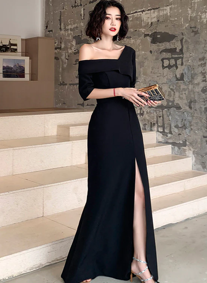 Black One Shoulder Slit Long Evening Dress, Black Formal Dress Prom Dress Y946
