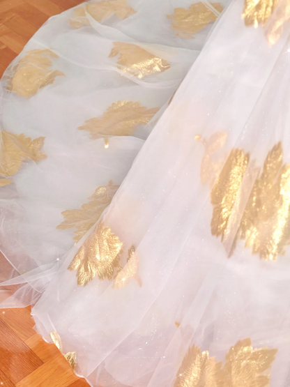 Gorgeous Gold Print Tulle Off The Shoulder Ball Gown,A Line Prom Dress Evening Dress Y8618