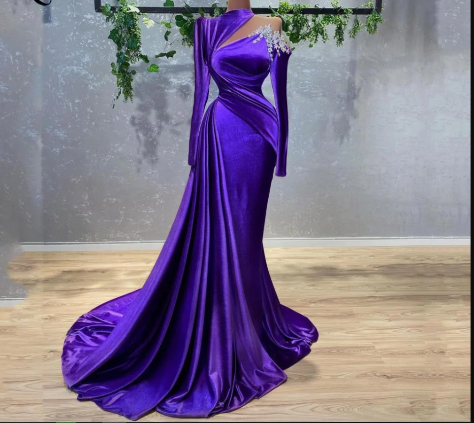 Vestido de noche de terciopelo morado de manga larga, estilo árabe, con cortes, para mujer, Y4933