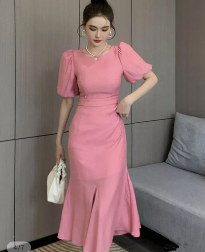 Edles rosa Meerjungfrau-Ballkleid mit Puffärmeln, mittellang, rosa Cocktailkleid Y5599