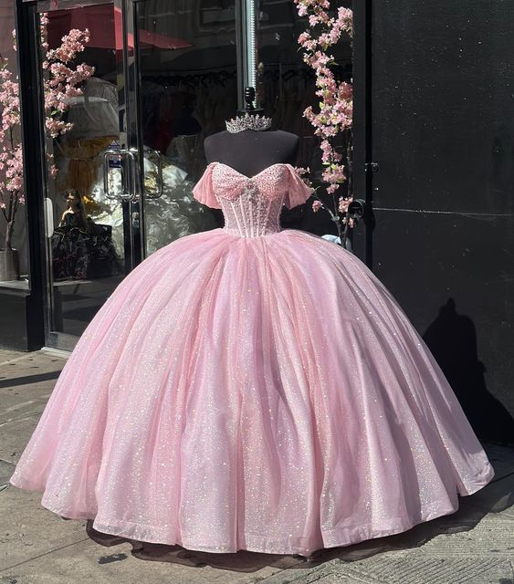 Glitzerndes schulterfreies rosa Ballkleid, rosa Sweet 16 Kleid, rosa Prinzessinnenkleid Y7002