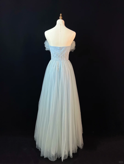 Elegante vestido de fiesta de tul azul con lentejuelas y cuentas, corte en A, vestido de noche Y8646